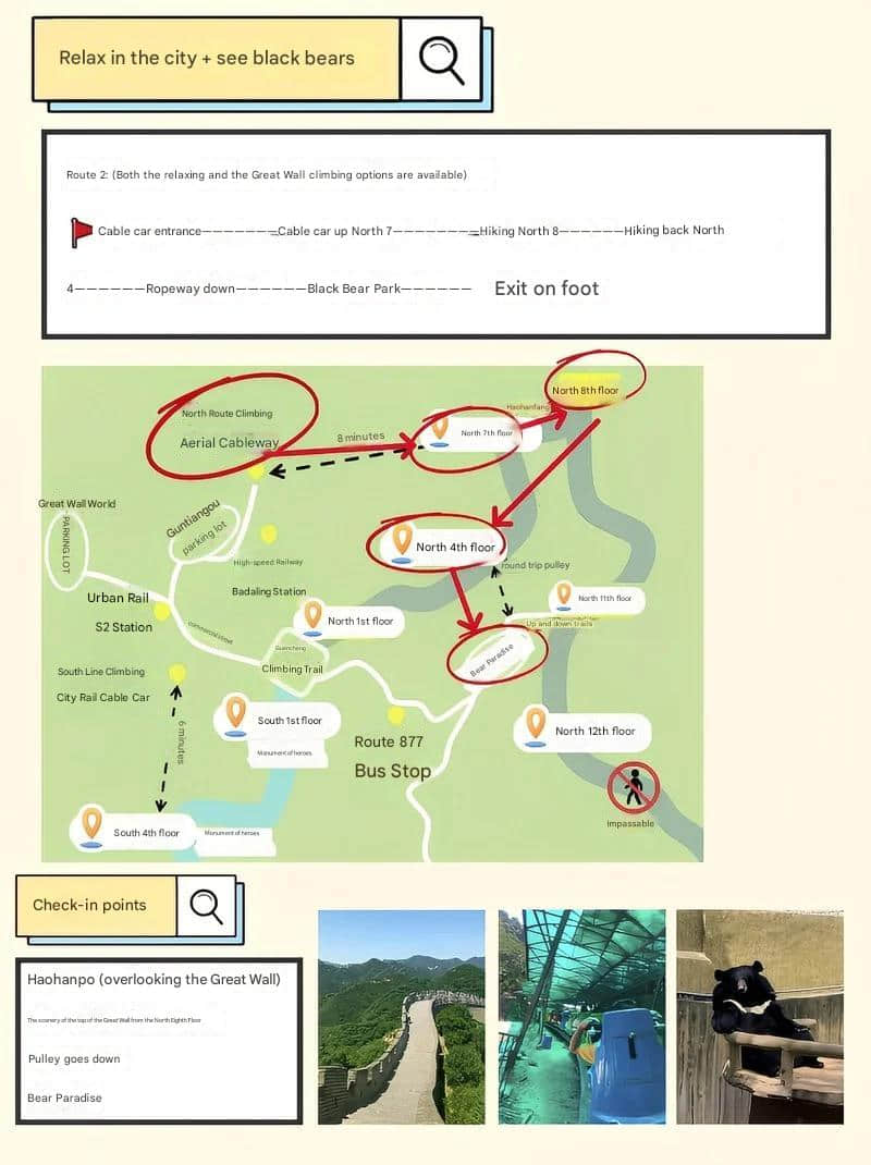 Moderate hiking route map of Badaling Great Wall with cable car and toboggan options