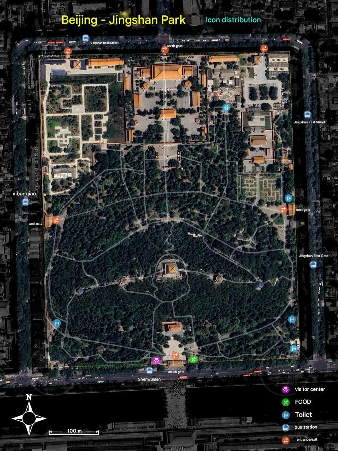 Facilities and amenities map of Jingshan Park