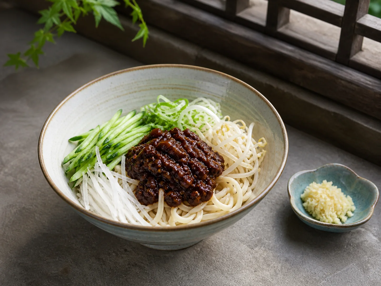 AI-generated editorial image of Beijing zhajiangmian noodles with vegetables