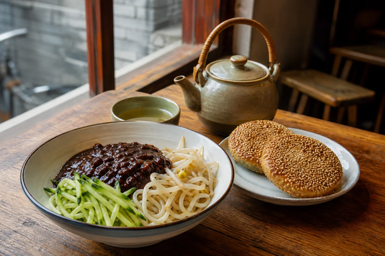 Beijing zhajiangmian, sesame shaobing and jasmine tea