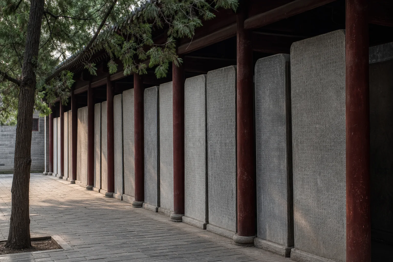 Stone classics beneath a covered gallery