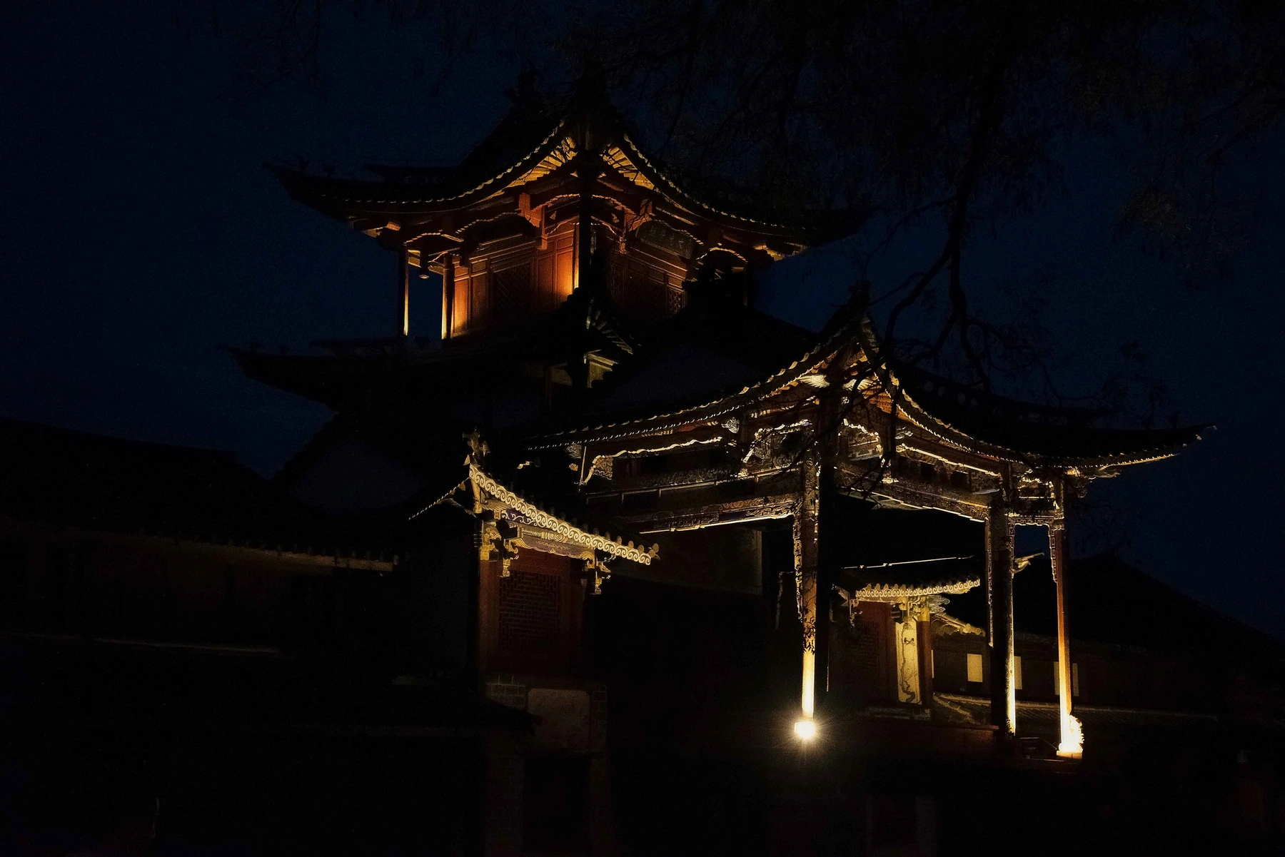Historic theatre building illuminated in Shaxi