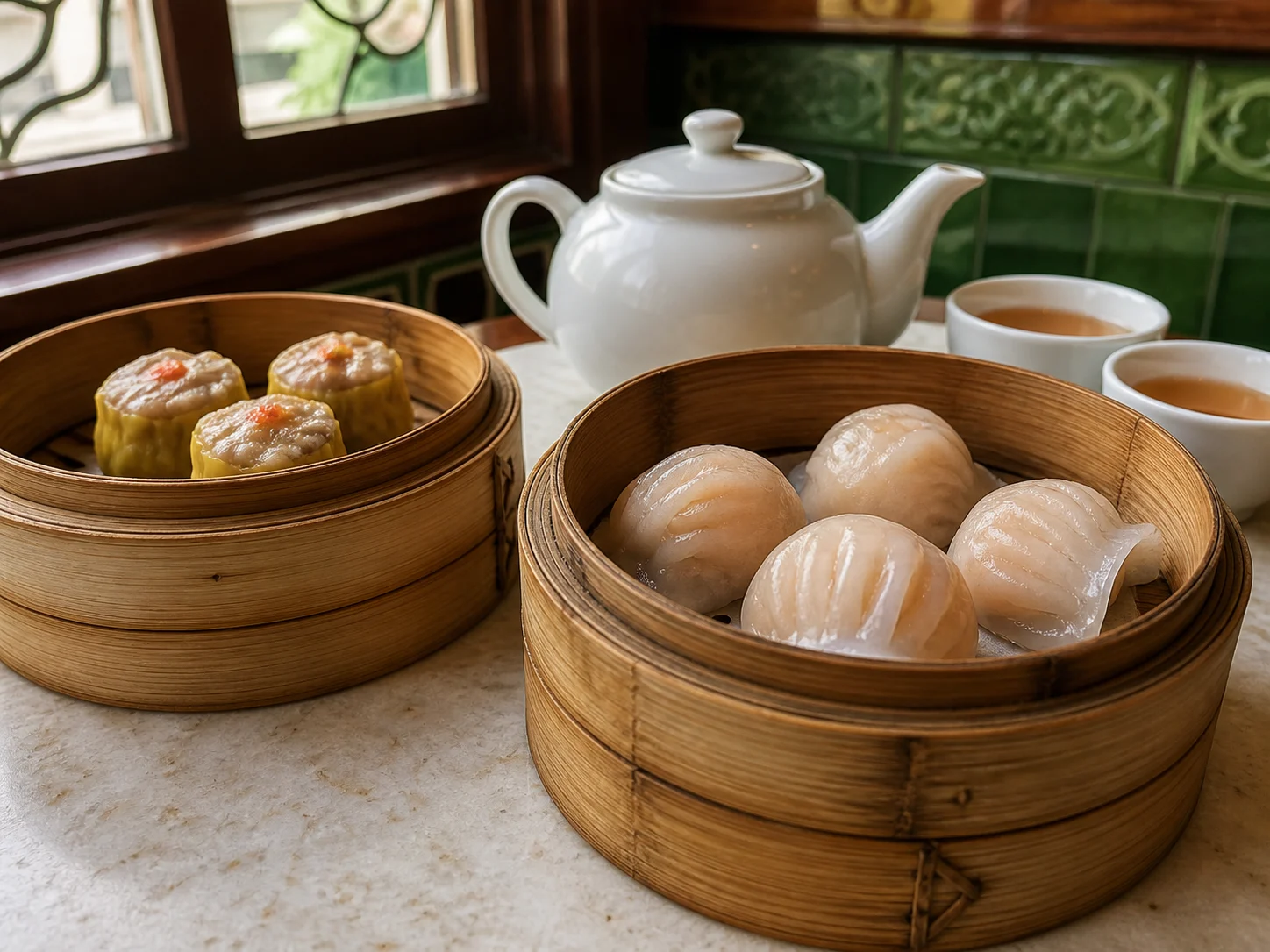 Image of har gow, siu mai and Cantonese tea in bamboo steamers