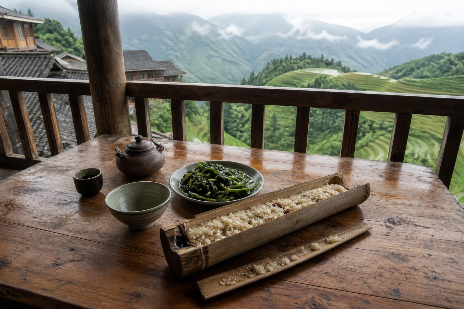 Image of bamboo rice, seasonal vegetables and tea on a Longji guesthouse terrace