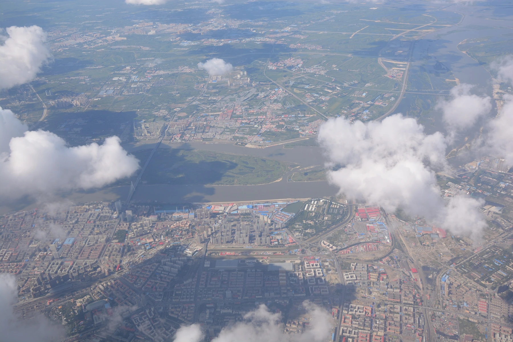 Aerial documentary view of the wider Daowai district in Harbin