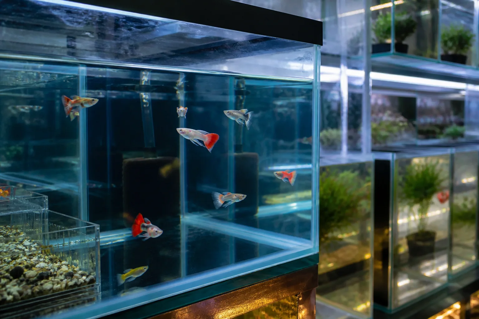 Ornamental fish in illuminated aquarium-shop display tanks