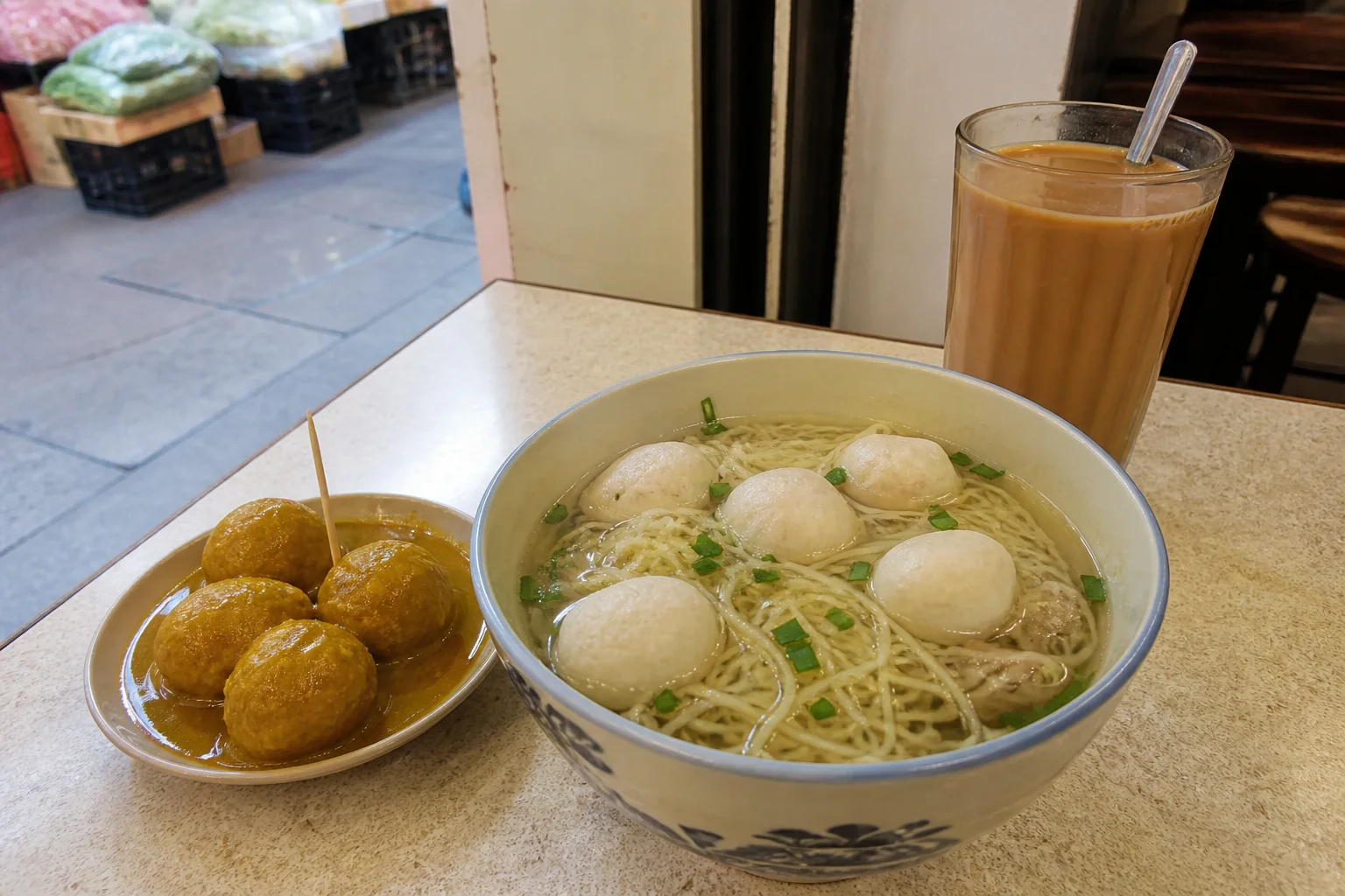 Fish-ball noodles, curry fish balls and Hong Kong milk tea