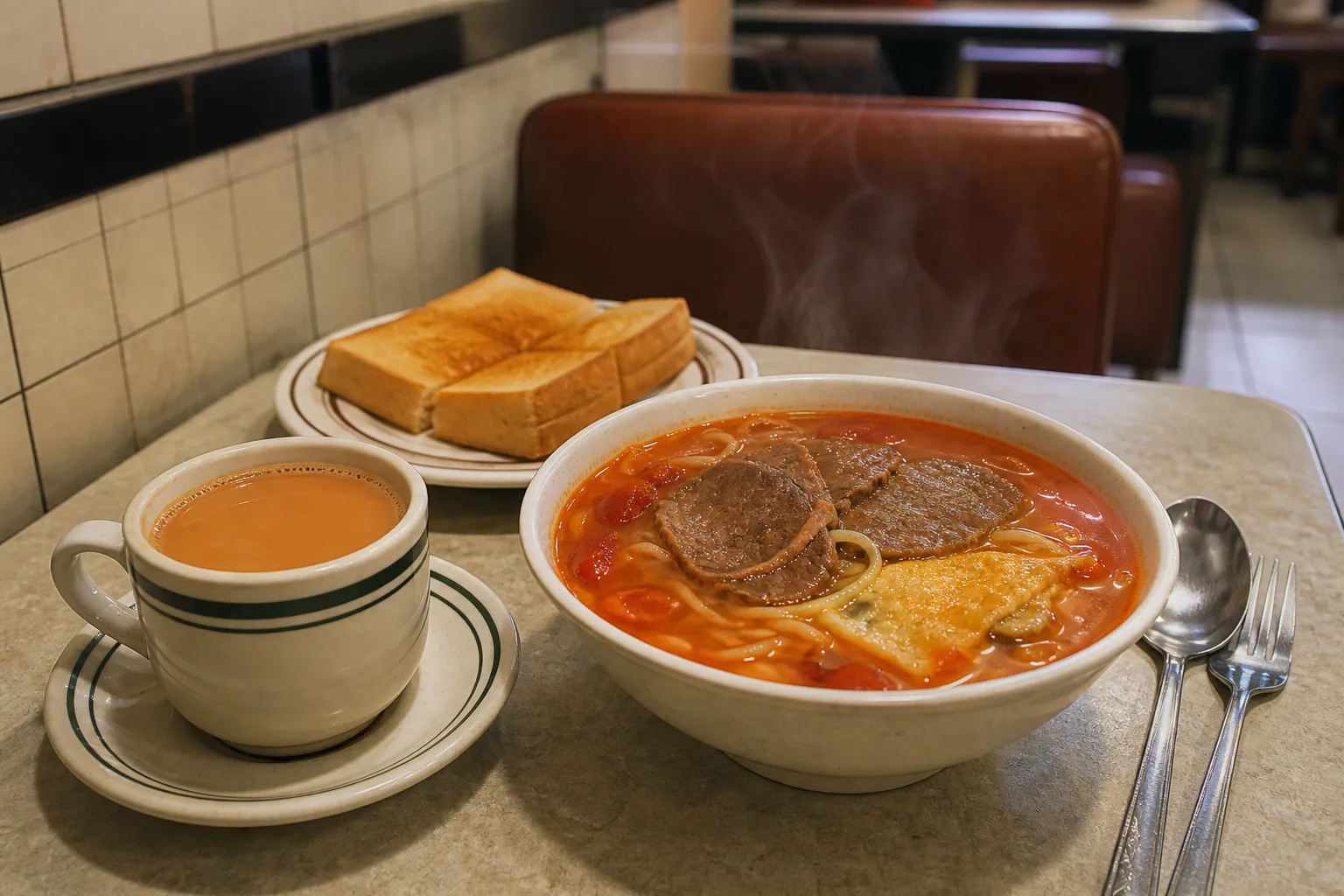 Image of tomato beef noodles, milk tea and toast in a Hong Kong bing sutt