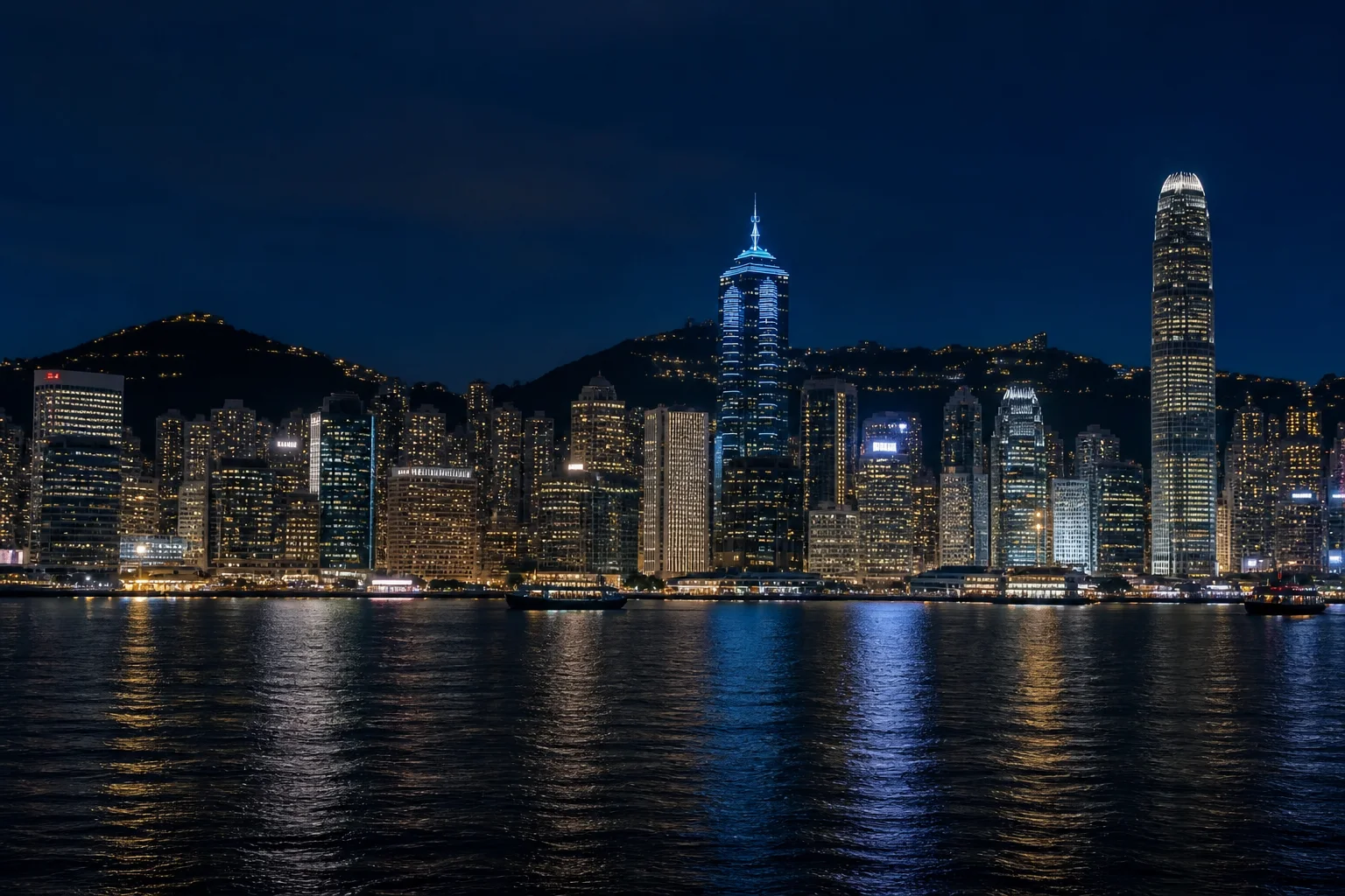 Victoria Harbour skyline after dark from Tsim Sha Tsui