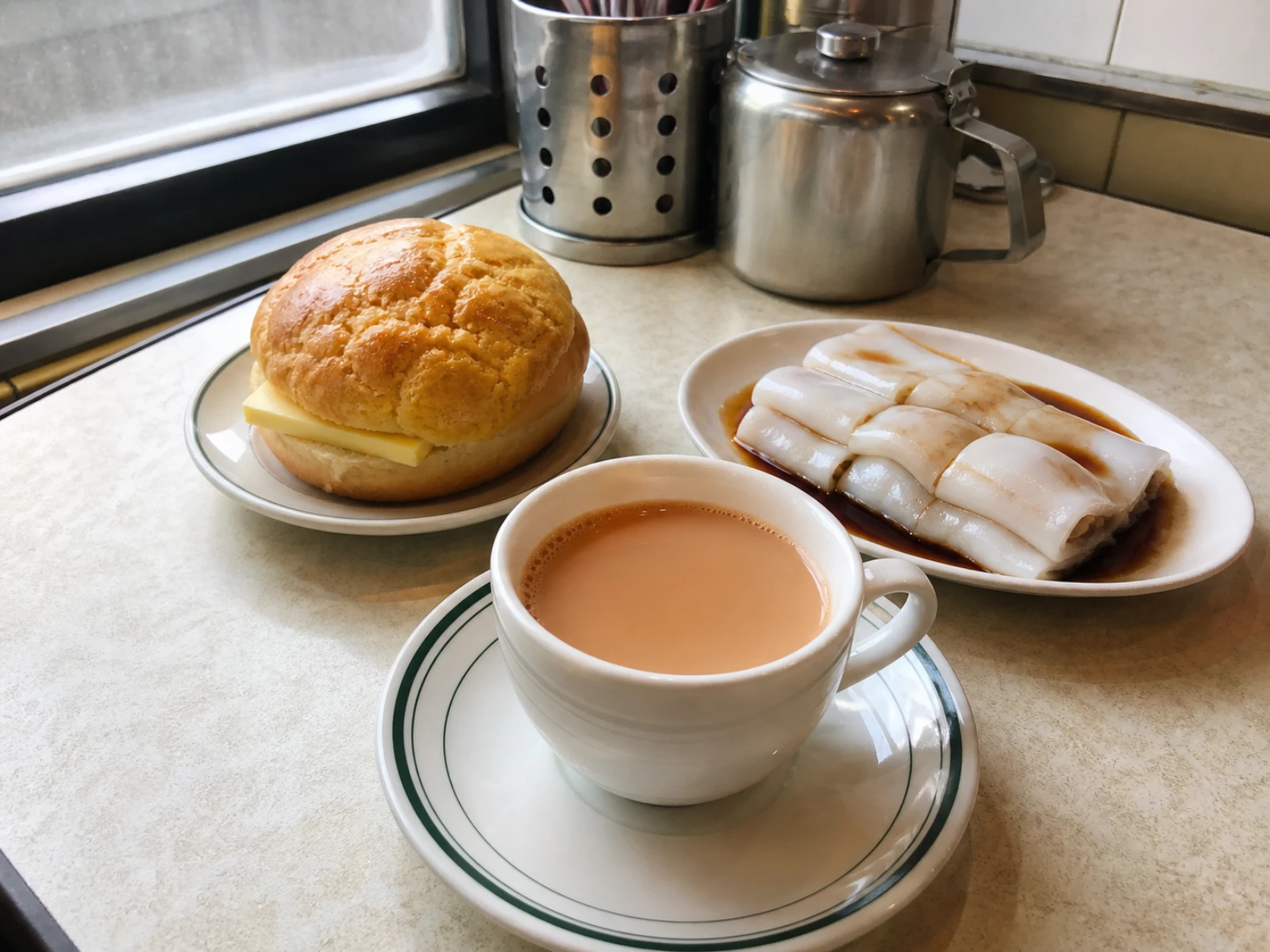 Original AI-generated editorial image of Hong Kong milk tea, a pineapple bun and rice noodle rolls