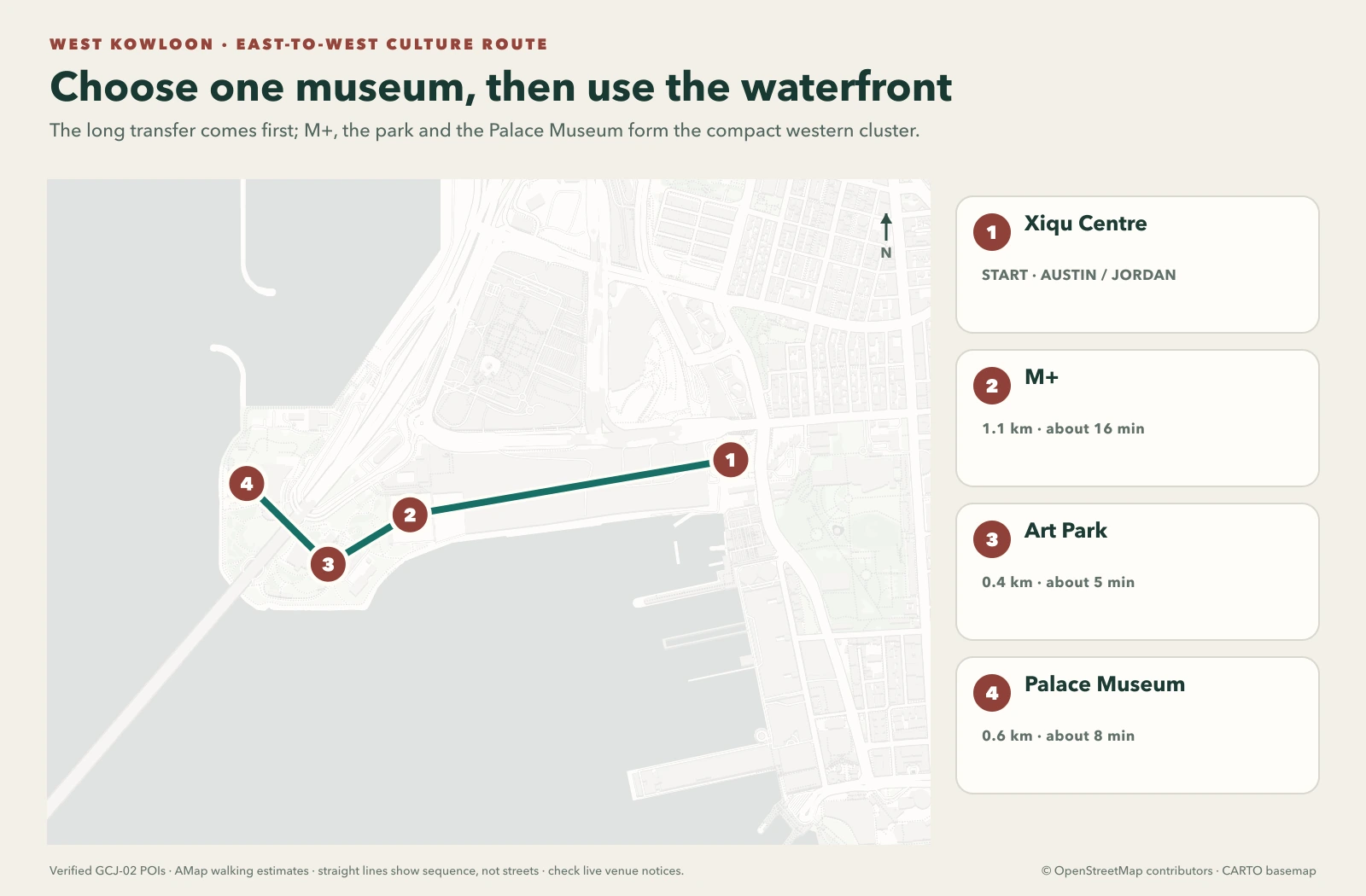 Real-geography map of the West Kowloon culture route from Xiqu Centre to Hong Kong Palace Museum