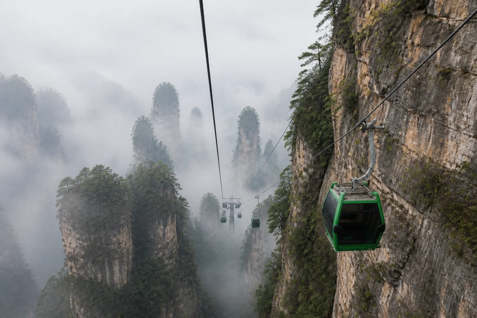 View of the Huangshi Village cableway beside misty quartz-sandstone cliffs