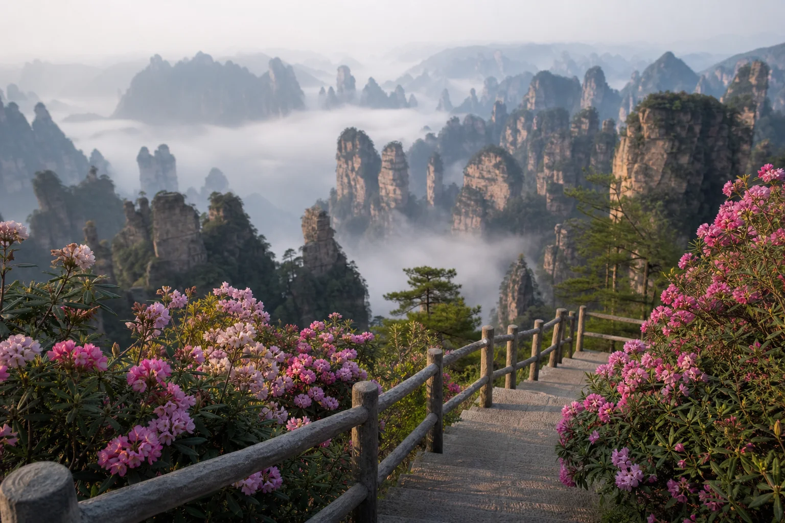 View of spring rhododendrons along a Huangshi Village summit path