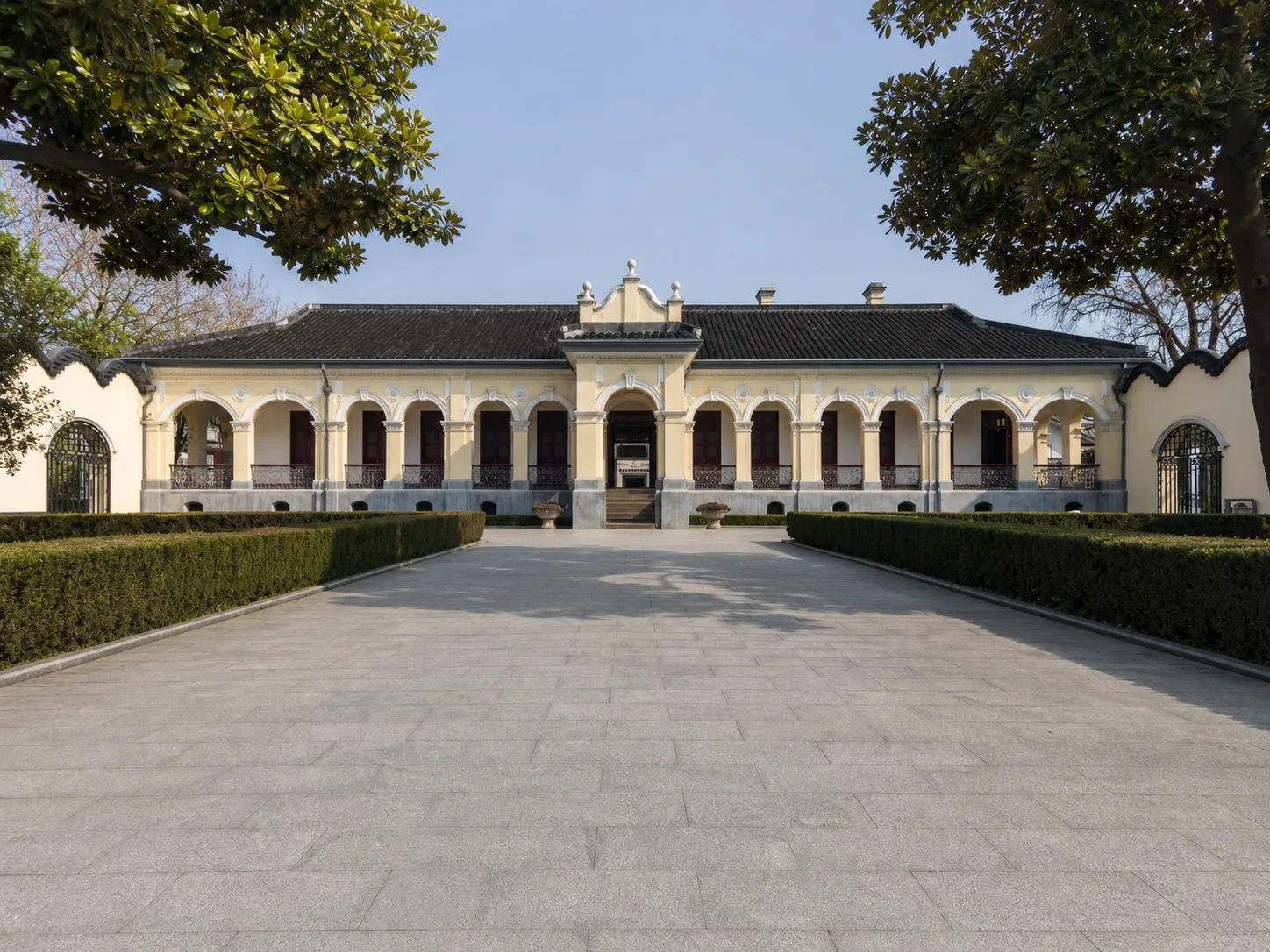 AI-regenerated editorial view of the Provisional President's Office courtyard and arcade