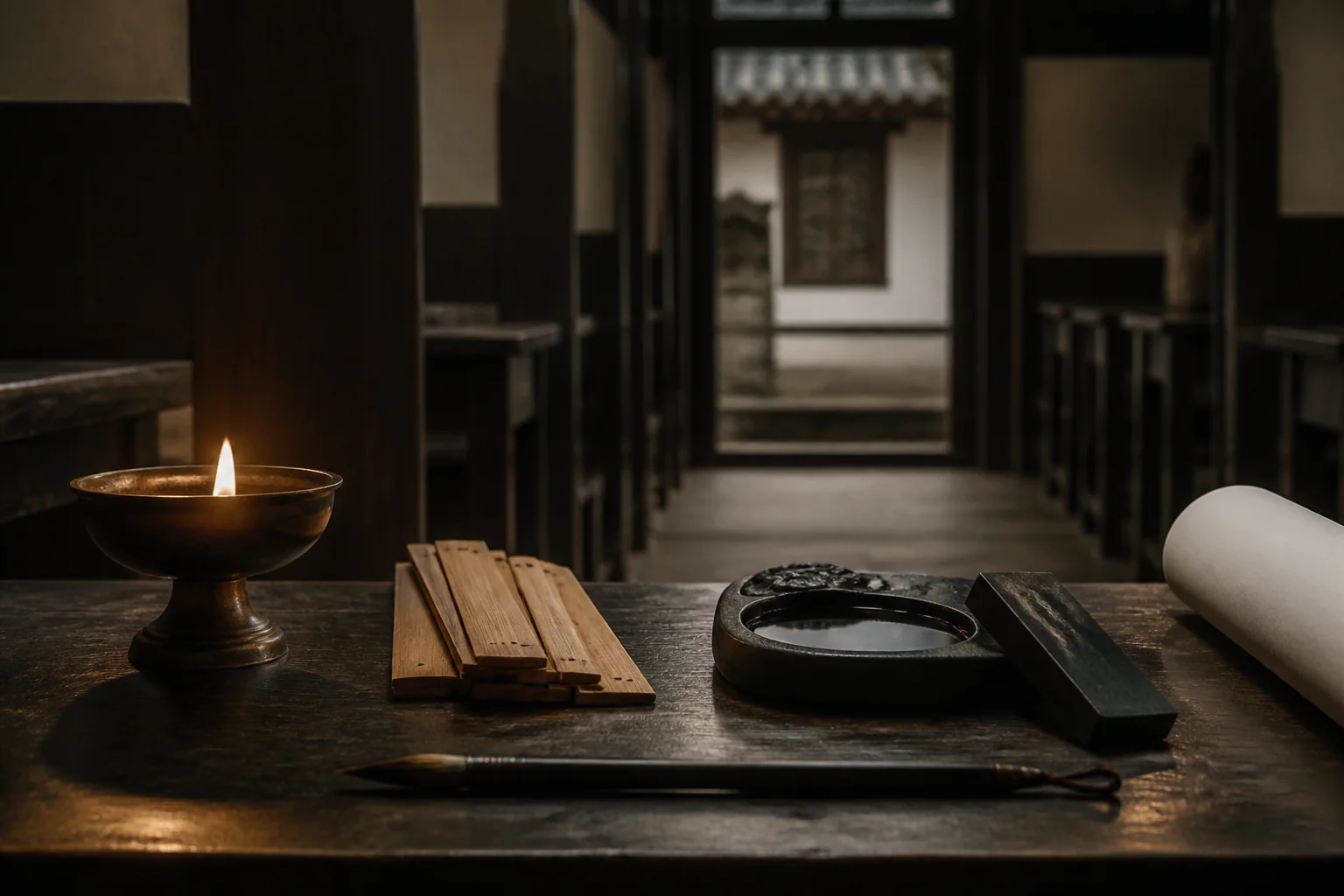 Still life evoking Nanjing examination culture with an inkstone, brush, bamboo slips and examination-cell partitions