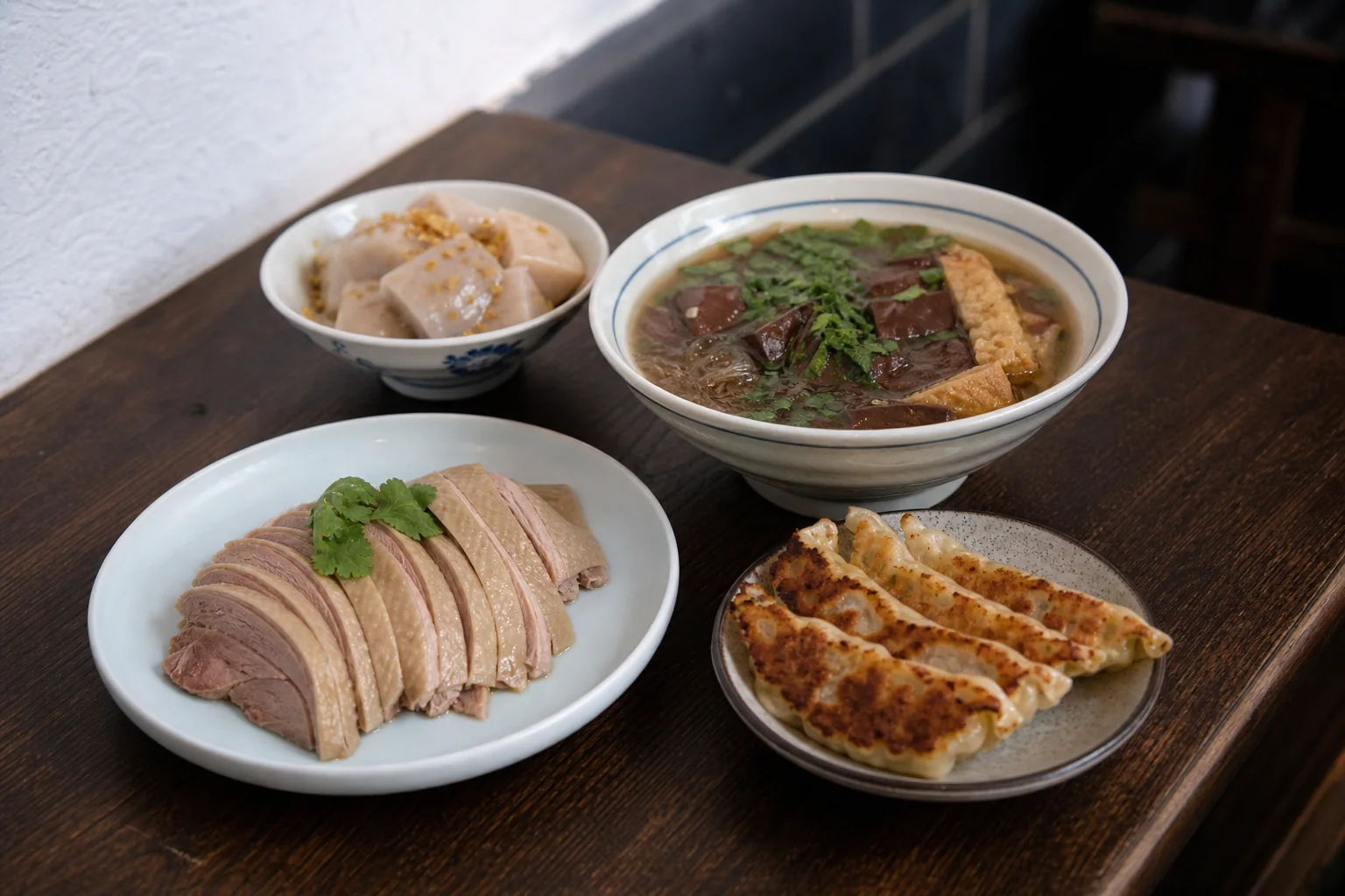Nanjing snack table with salt-water duck, duck-blood vermicelli soup, beef potstickers and osmanthus taro