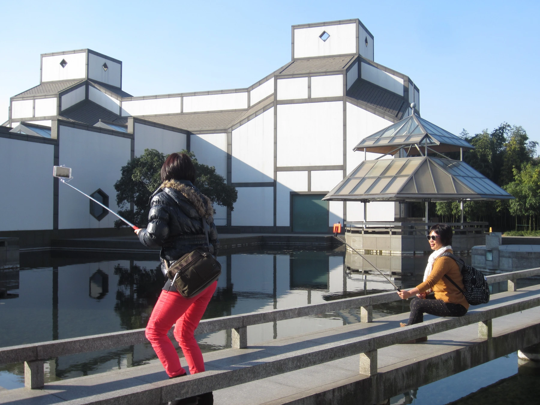 Angular roof forms and visitor terrace at Suzhou Museum