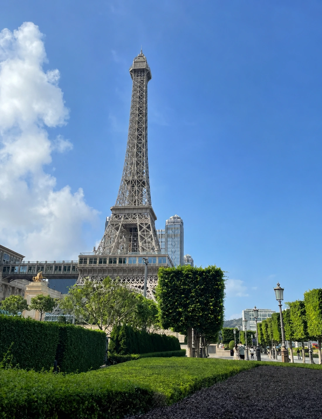 Front view of the Eiffel Tower at The Parisian Macao from a distance