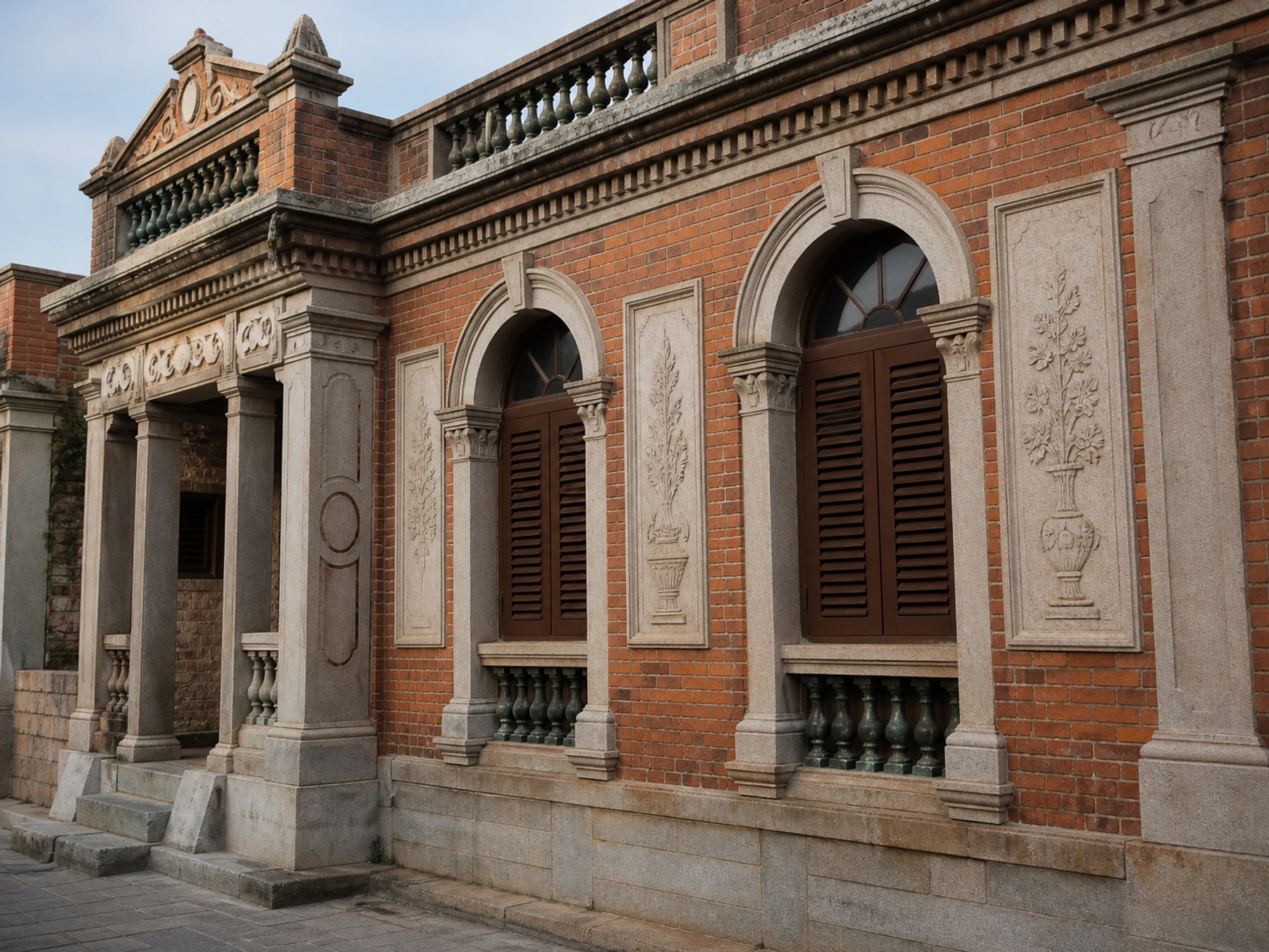 Original editorial illustration of red brick, granite trim and arched qiaoxiang-era design vocabulary