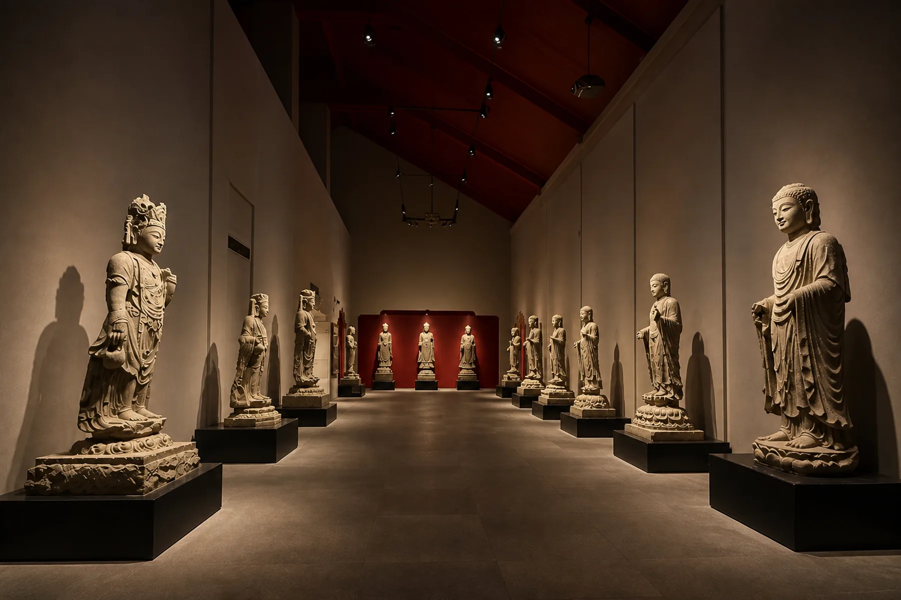 View through a quiet Buddhist stone sculpture gallery