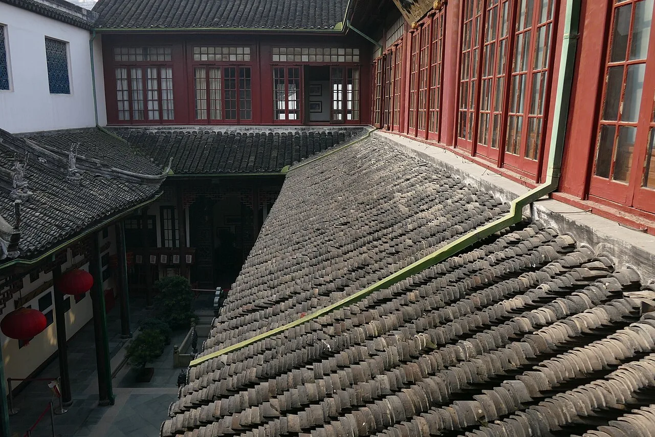 Traditional tiled roofs inside Shanghai Jade Buddha Temple