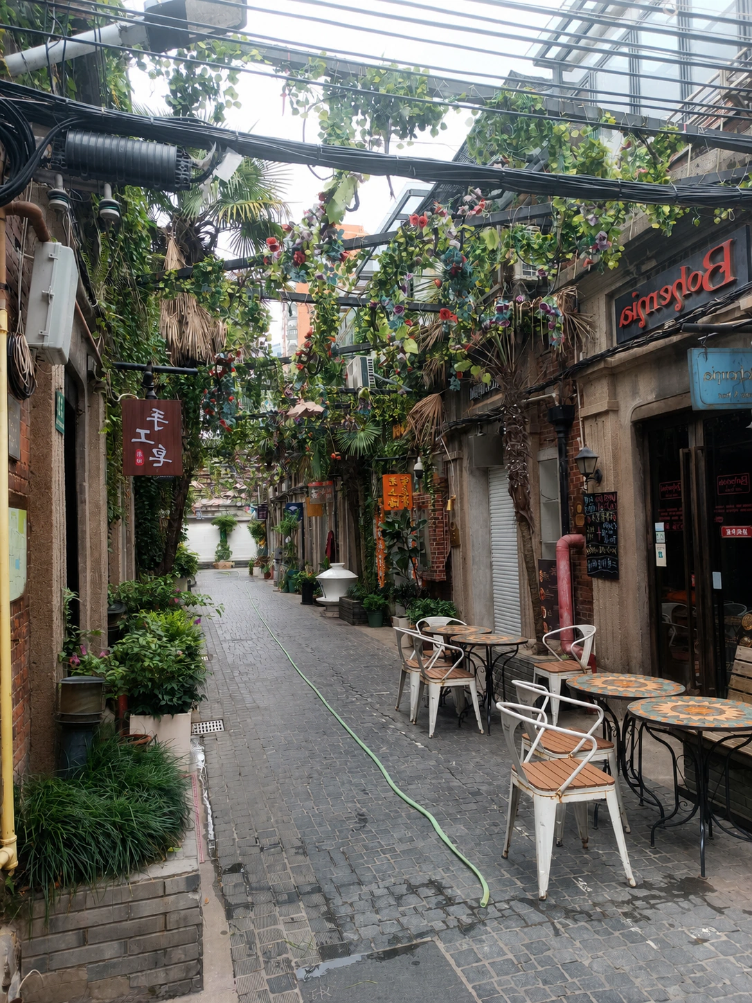 A narrow plant-filled lane with small shops inside Tianzifang