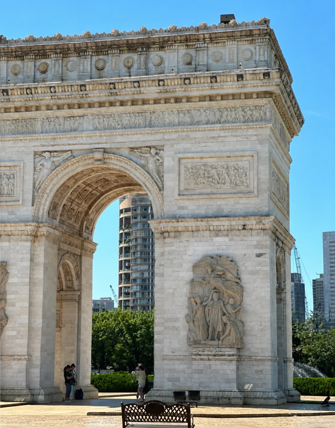 Close architectural detail of the Arc de Triomphe replica in Shenzhen