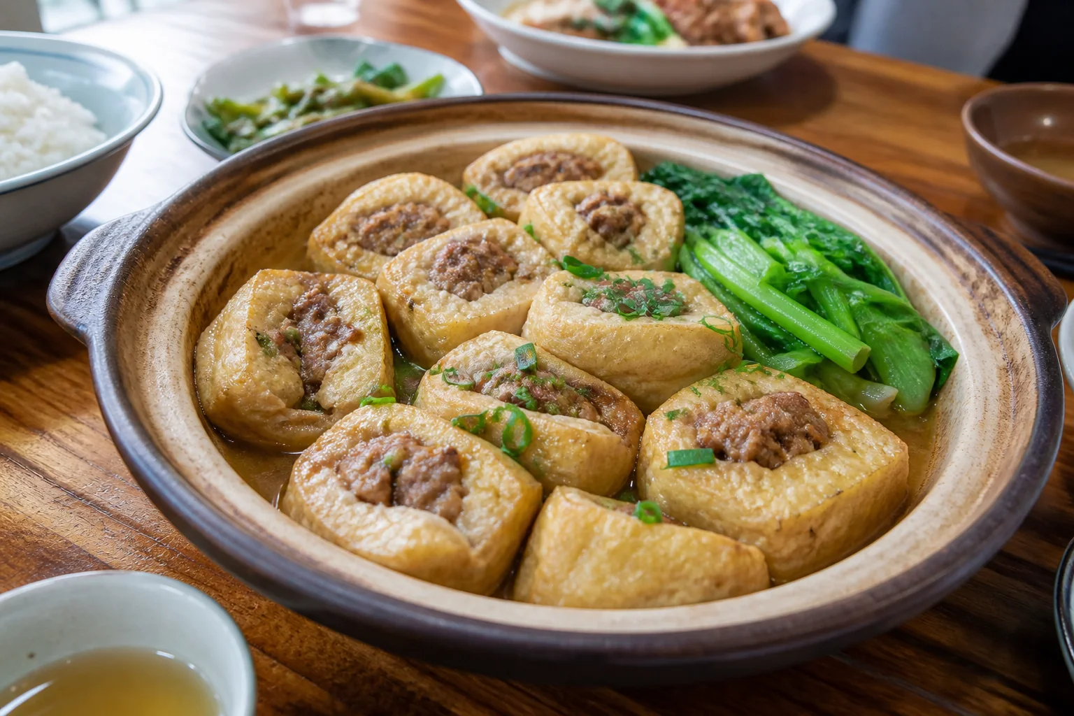 Hakka stuffed tofu in a clay casserole