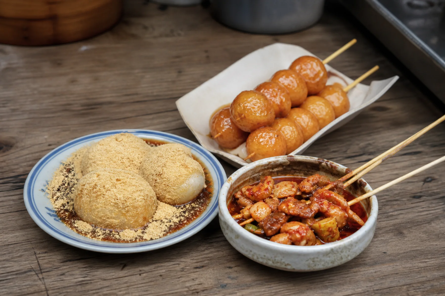 Chengdu snacks including three-cannon rice balls, tangyouguo and bobo chicken