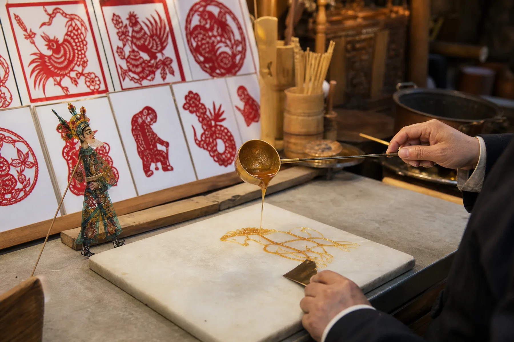 Scene of sugar painting with paper cutting and a Sichuan shadow-puppet figure