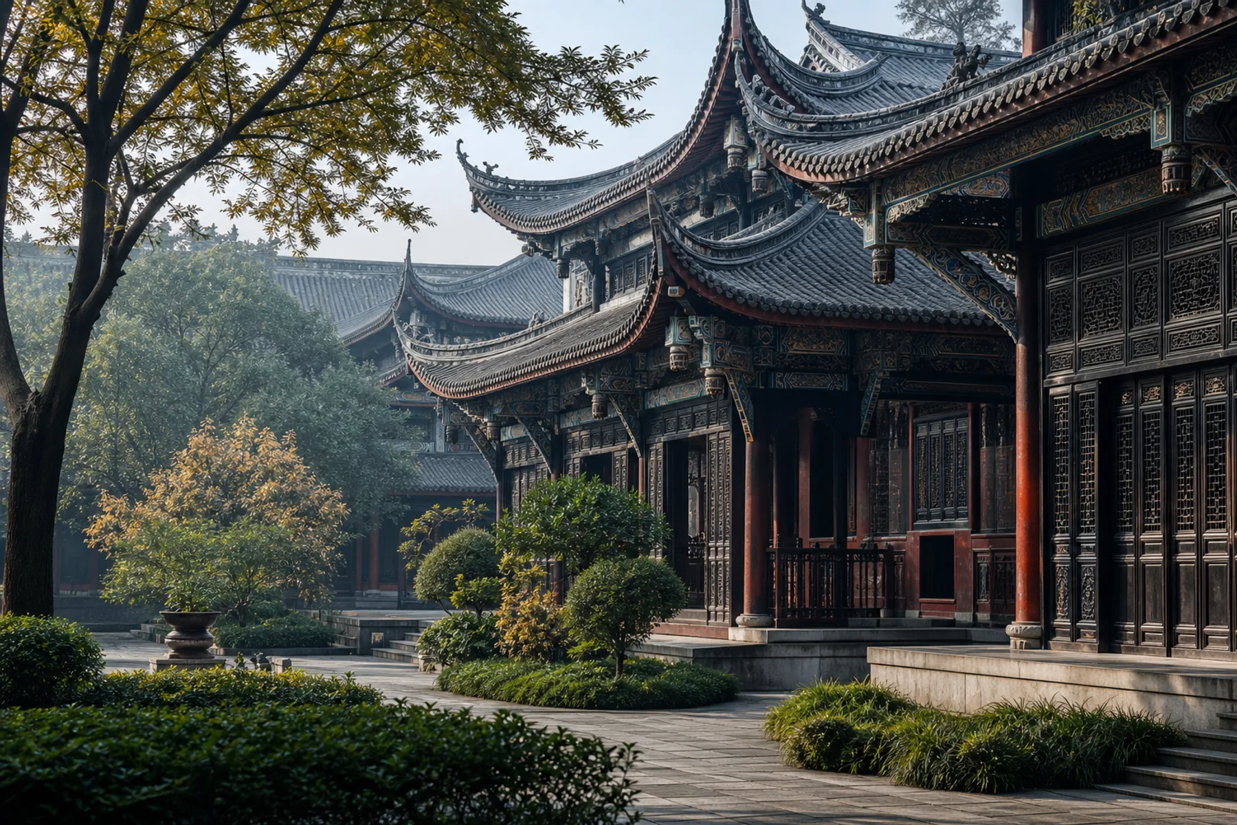 View of layered timber halls and a quiet courtyard at Wenshu Monastery