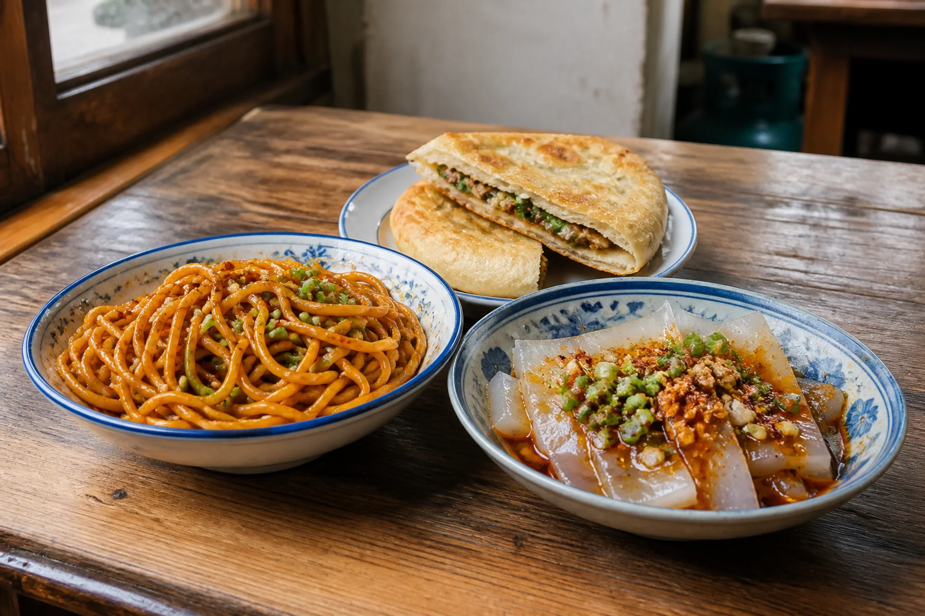 Chengdu snack spread with sweet-water noodles, liangfen and guokui