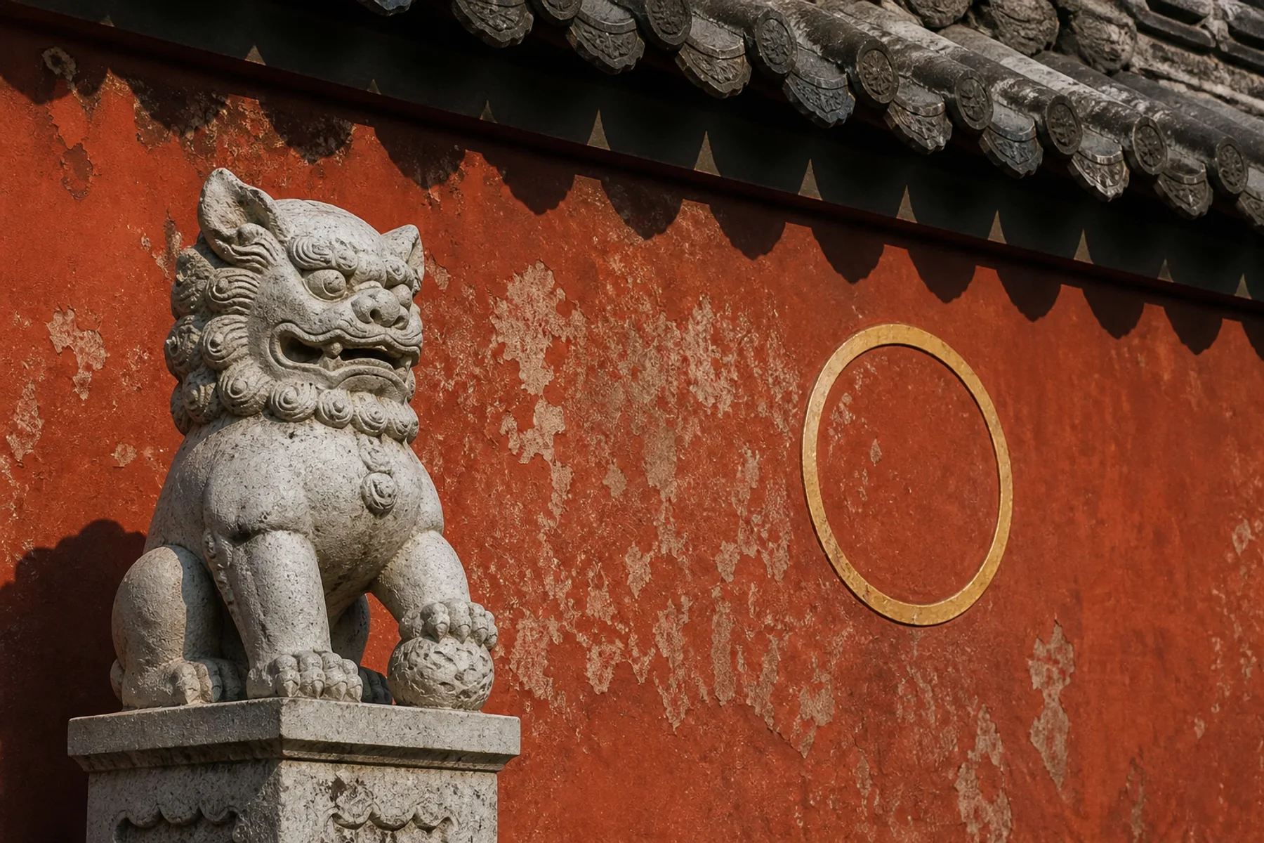 Detail of a stone guardian lion beside a weathered temple wall