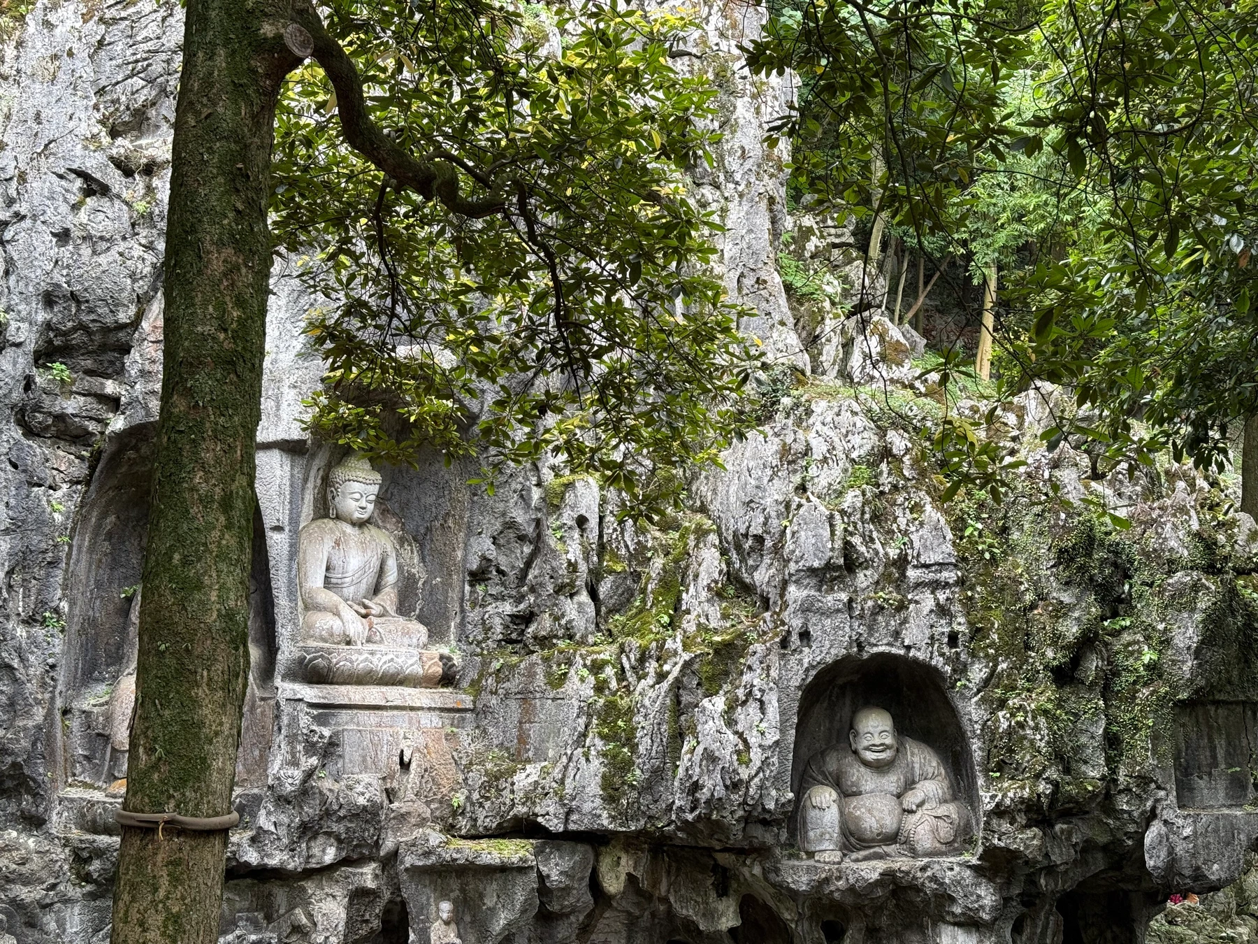 Close documentary view of Buddhist figures carved into Feilai Peak rock