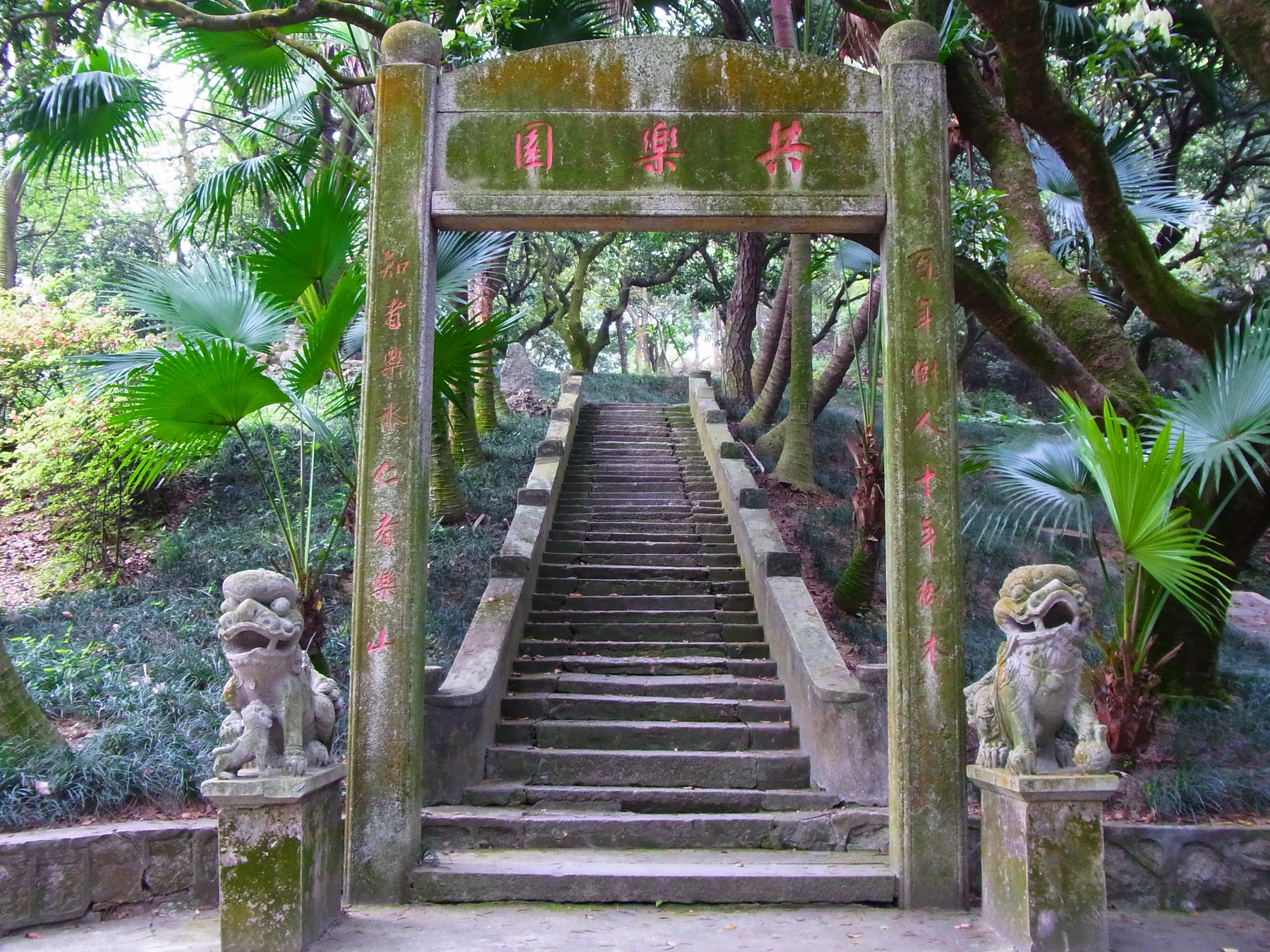 Stone steps and dense subtropical planting in Gongle Garden