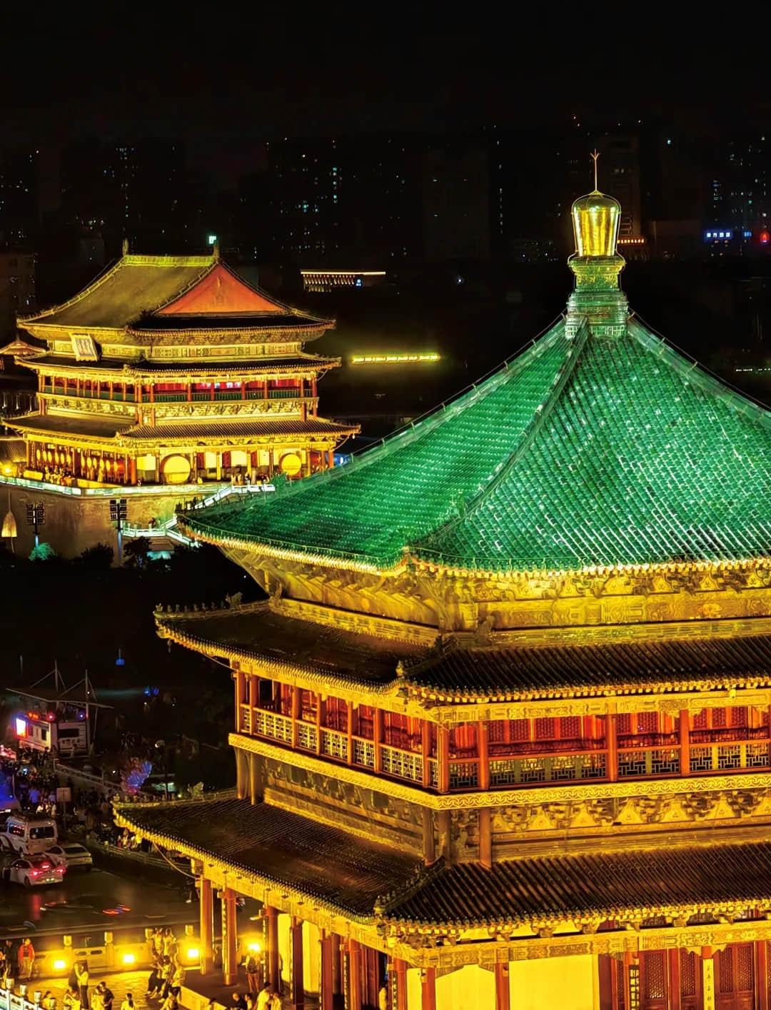 Xi'an Drum Tower and Bell Tower illuminated at night