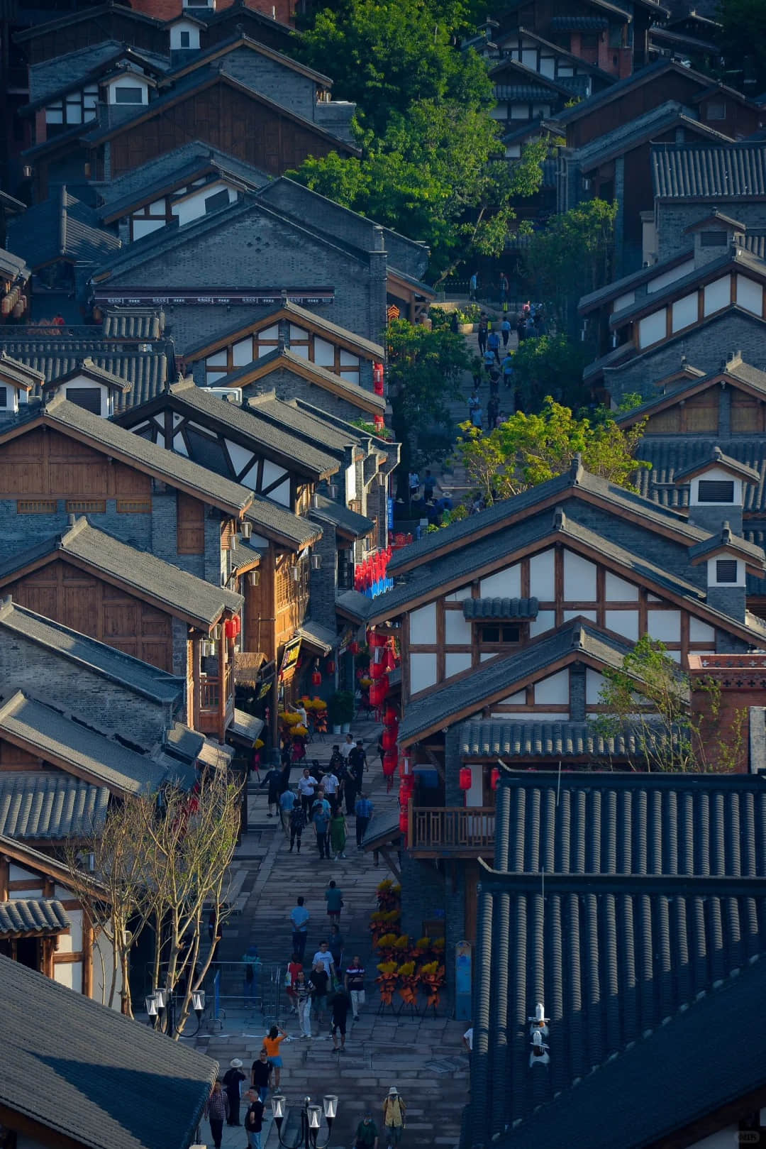 Morning sunlight on buildings at 18 Steps