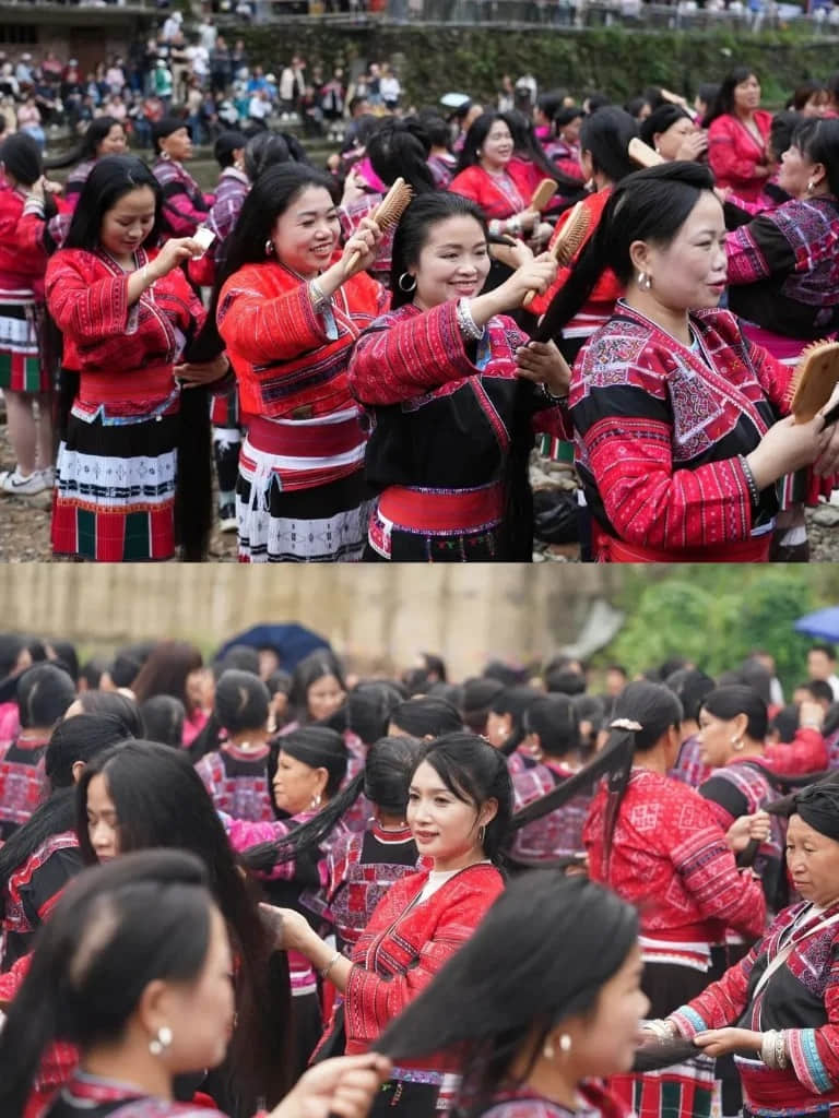 Red Yao women showcasing their long hair during performance