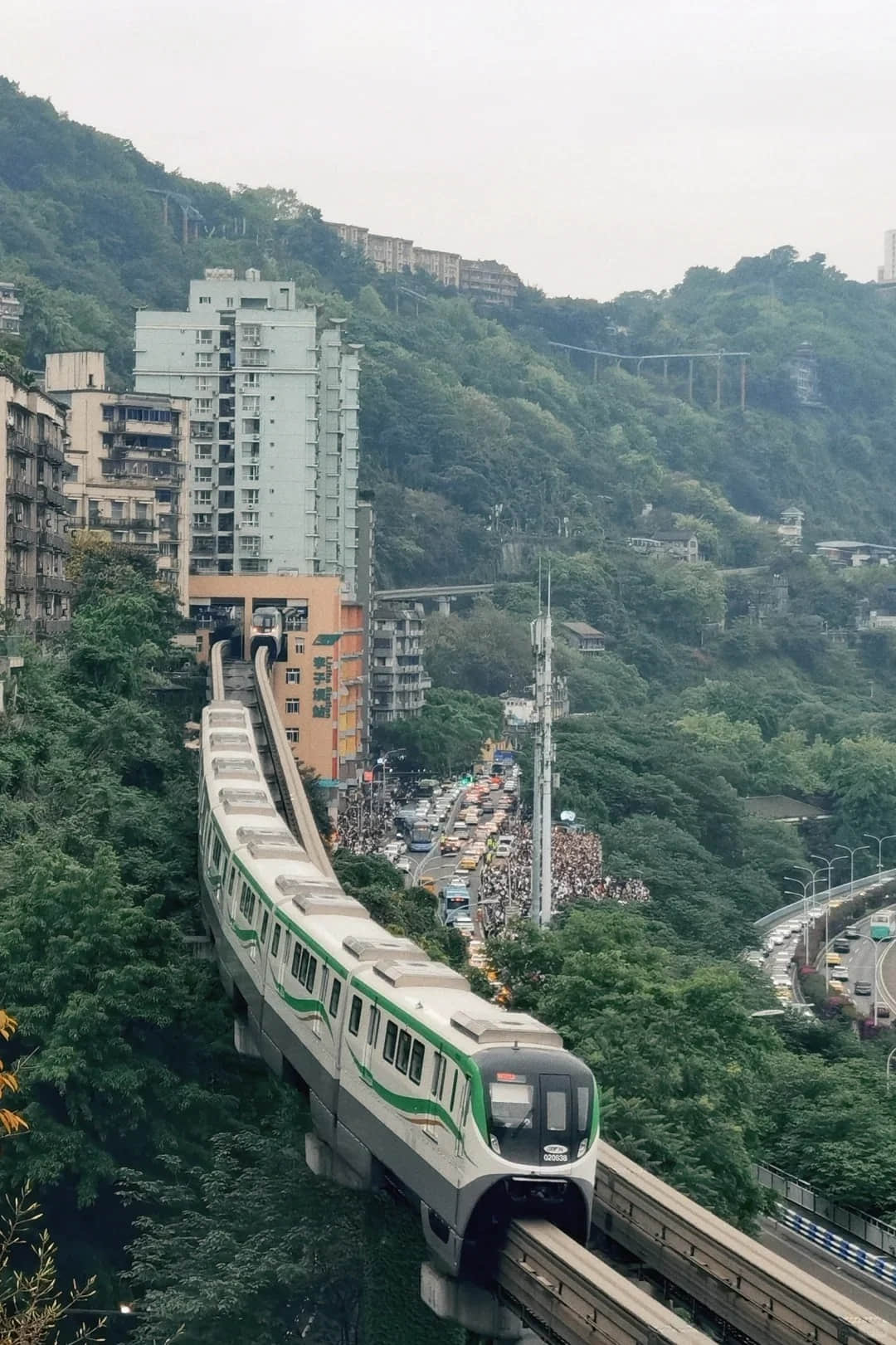 Interior view of the monorail passing through the building