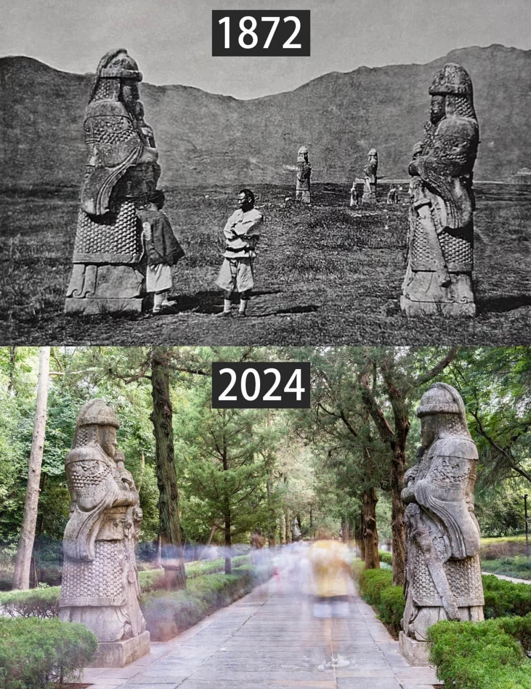 Ancient and modern comparison of stone official statues at Ming Xiaoling Mausoleum