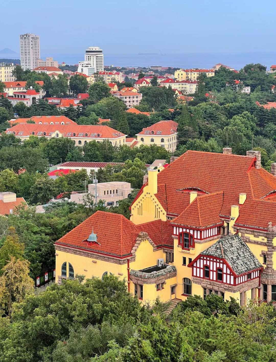 Aerial view of Qingdao's coastline and buildings from Signal Hill