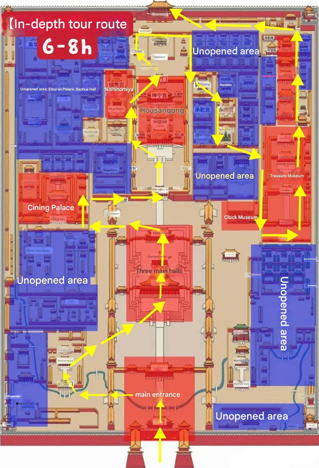 Complete tour map of Forbidden Palace featuring full-day itinerary including Eastern Palaces, Western Palaces, and museum galleries