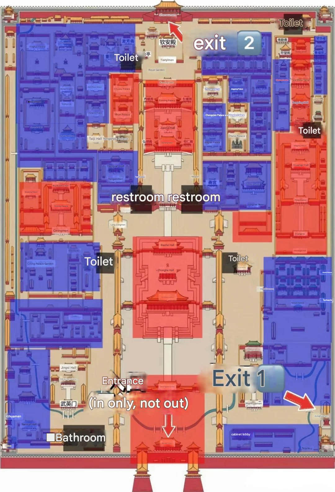 Visitor facilities map of the Forbidden City showing locations of restrooms, exits, and amenities throughout the palace complex