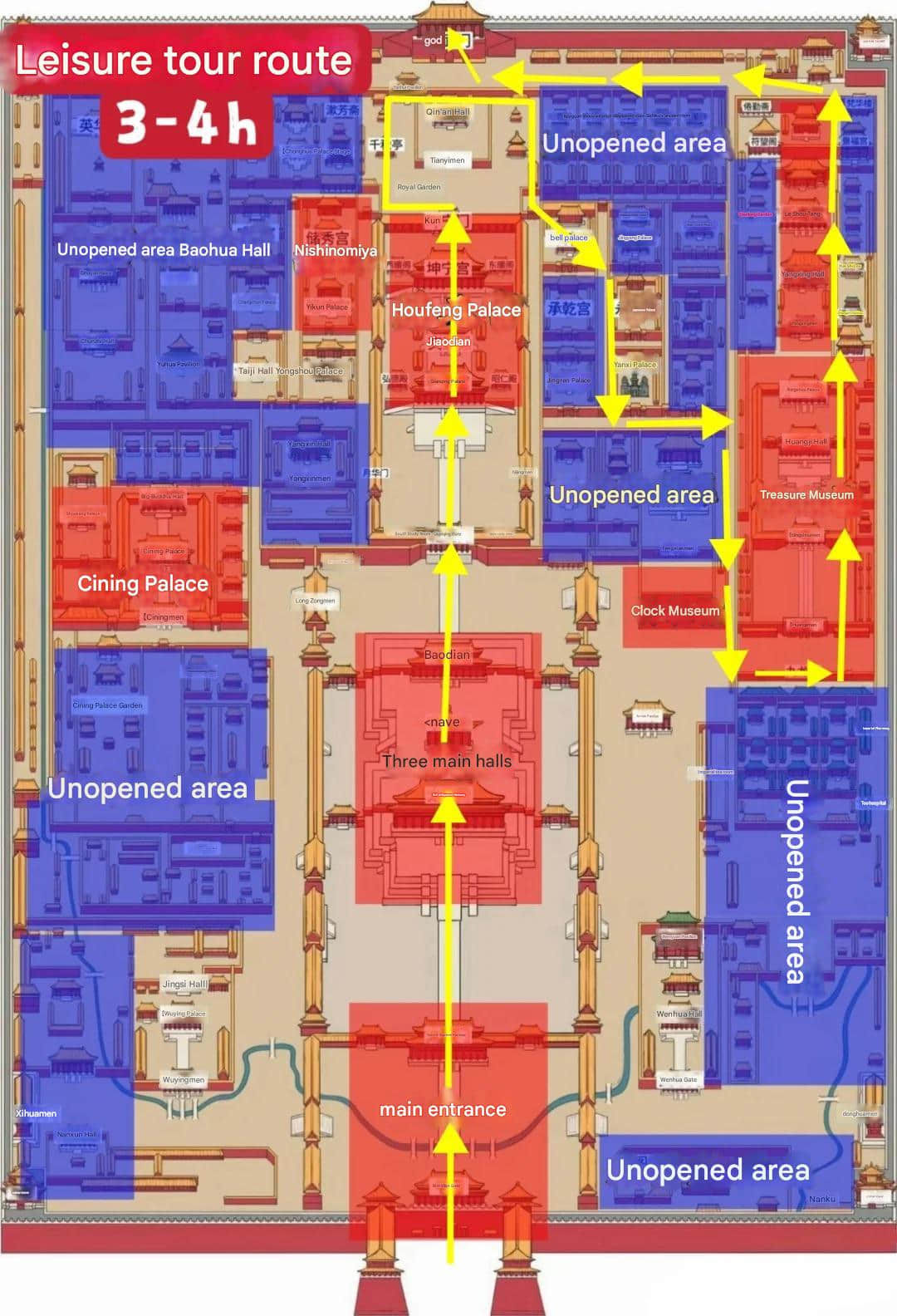 Express tour route map of Forbidden City showing 2-hour itinerary through central axis and main attractions